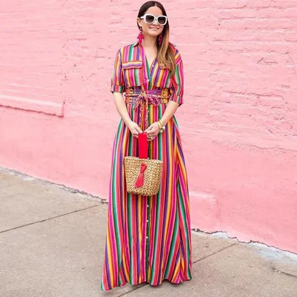 Boho Multi striped long maxi button down dress with sleeves