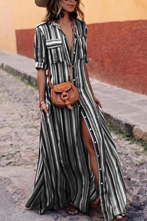 Boho Multi striped long maxi button down dress with sleeves