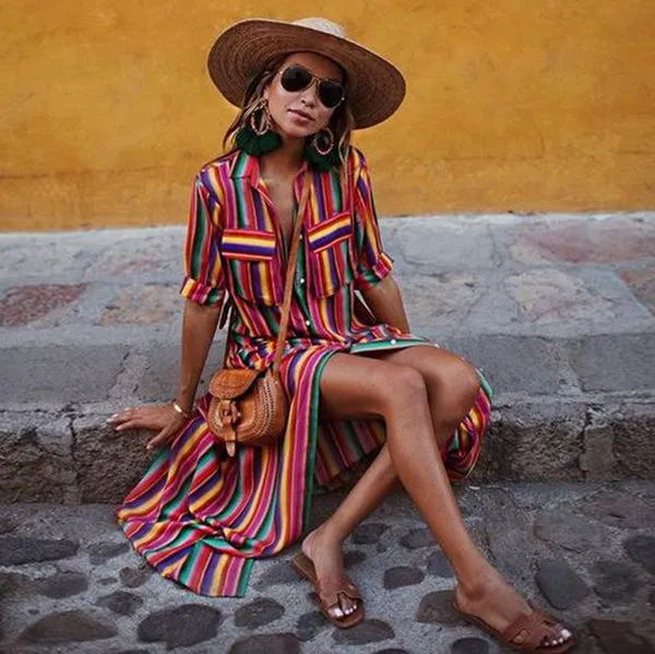 Boho Multi striped long maxi button down dress with sleeves