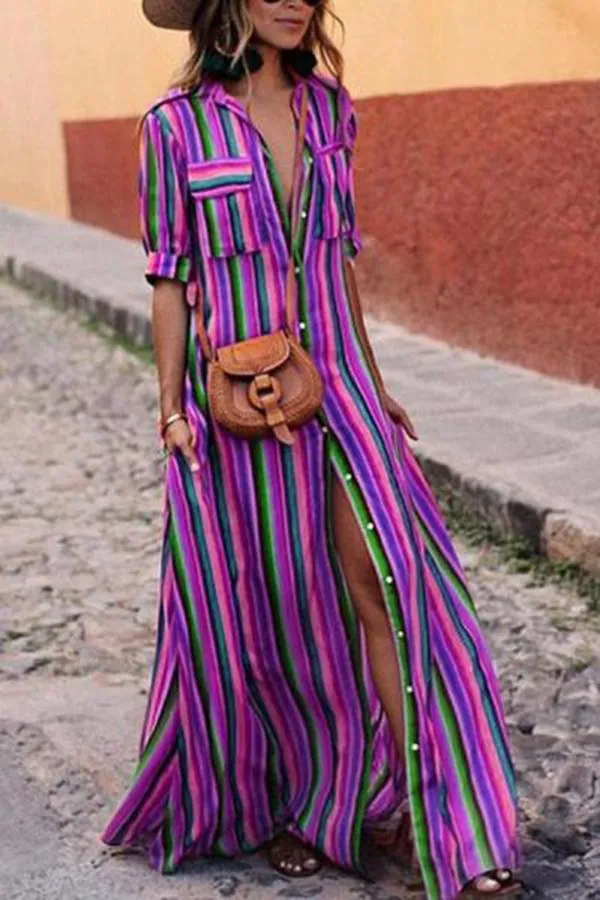 Boho Multi striped long maxi button down dress with sleeves