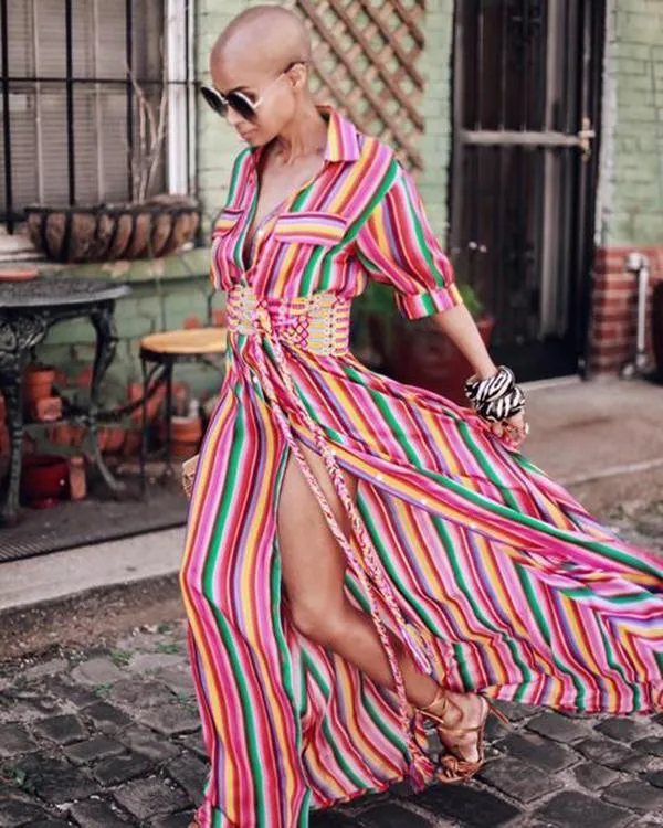 Boho Multi striped long maxi button down dress with sleeves