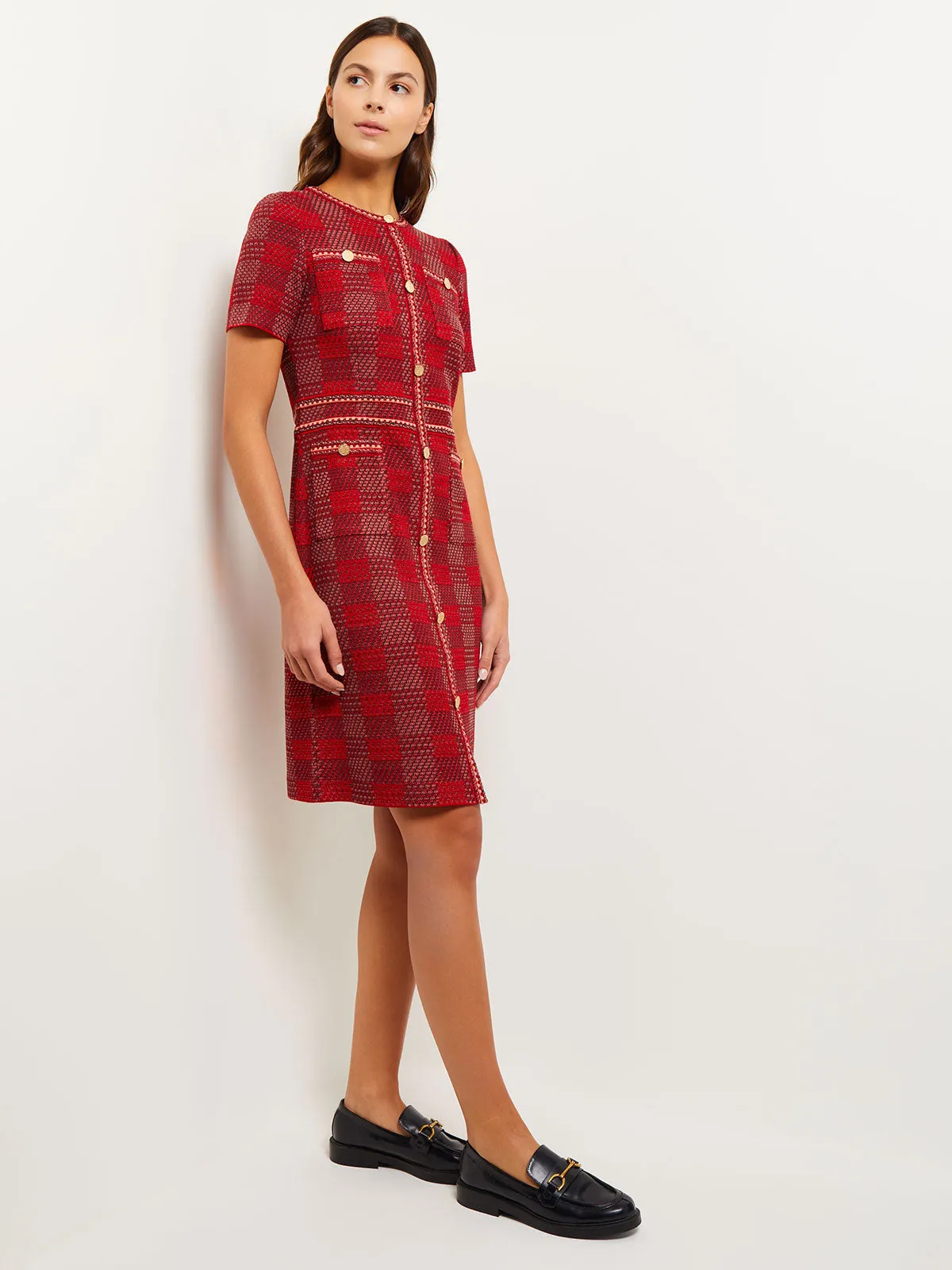 Bold Plaid Tweed Knit Sheath Dress, Classic Red