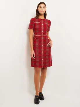 Bold Plaid Tweed Knit Sheath Dress, Classic Red