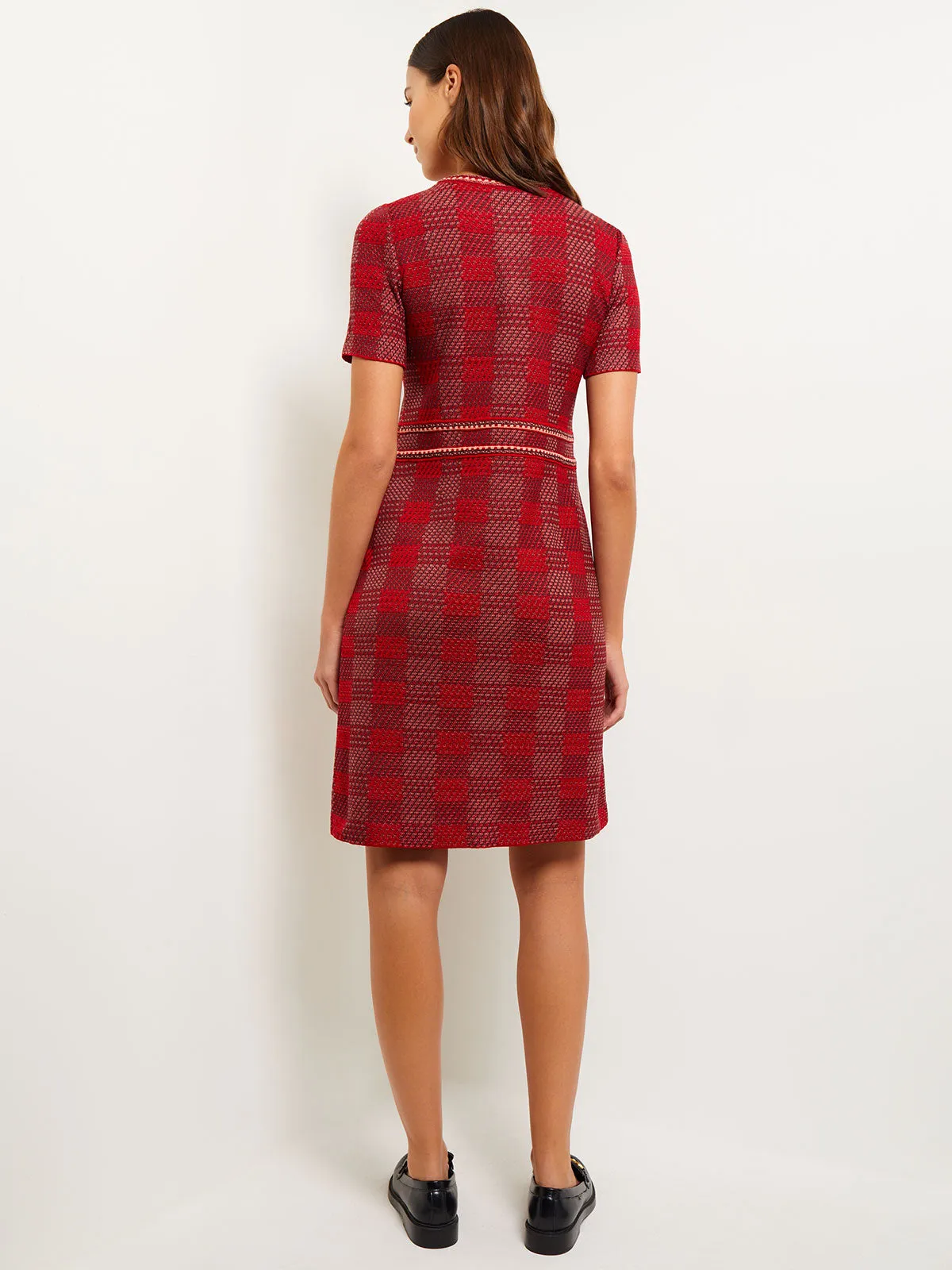 Bold Plaid Tweed Knit Sheath Dress, Classic Red