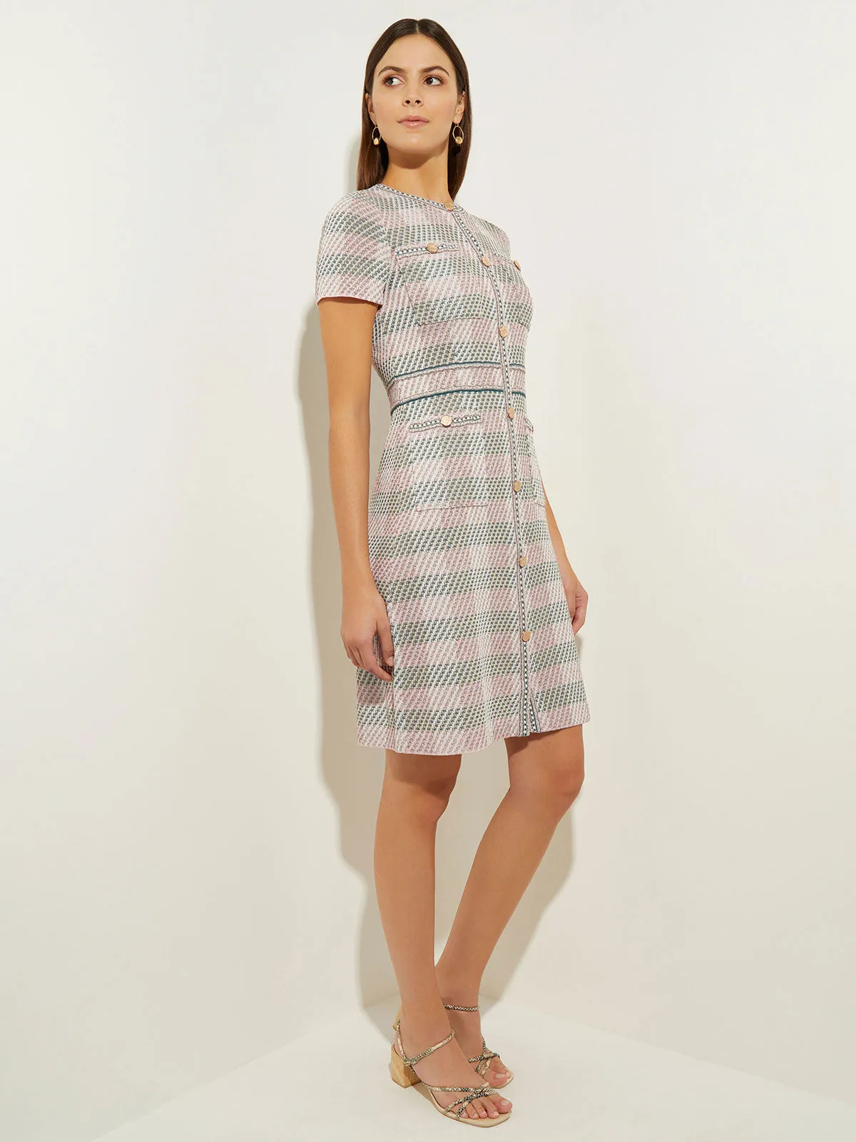 Bold Plaid Tweed Knit Sheath Dress, Rose Petal