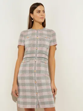 Bold Plaid Tweed Knit Sheath Dress, Rose Petal