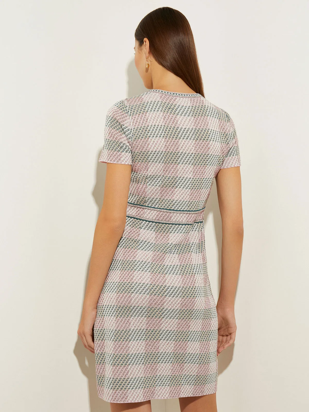 Bold Plaid Tweed Knit Sheath Dress, Rose Petal