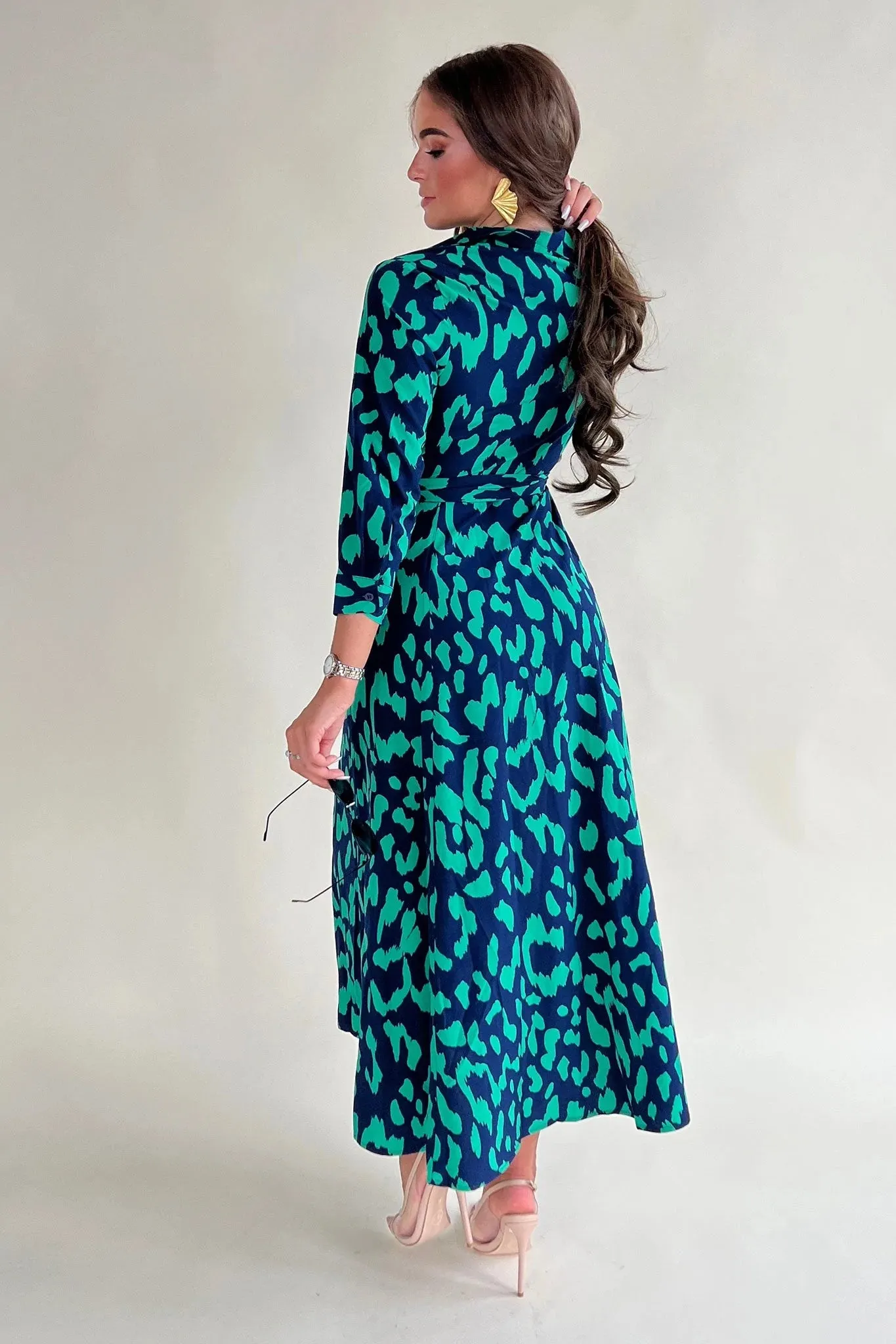 Breanna Navy Green Print Shirt Pocket Maxi Dress