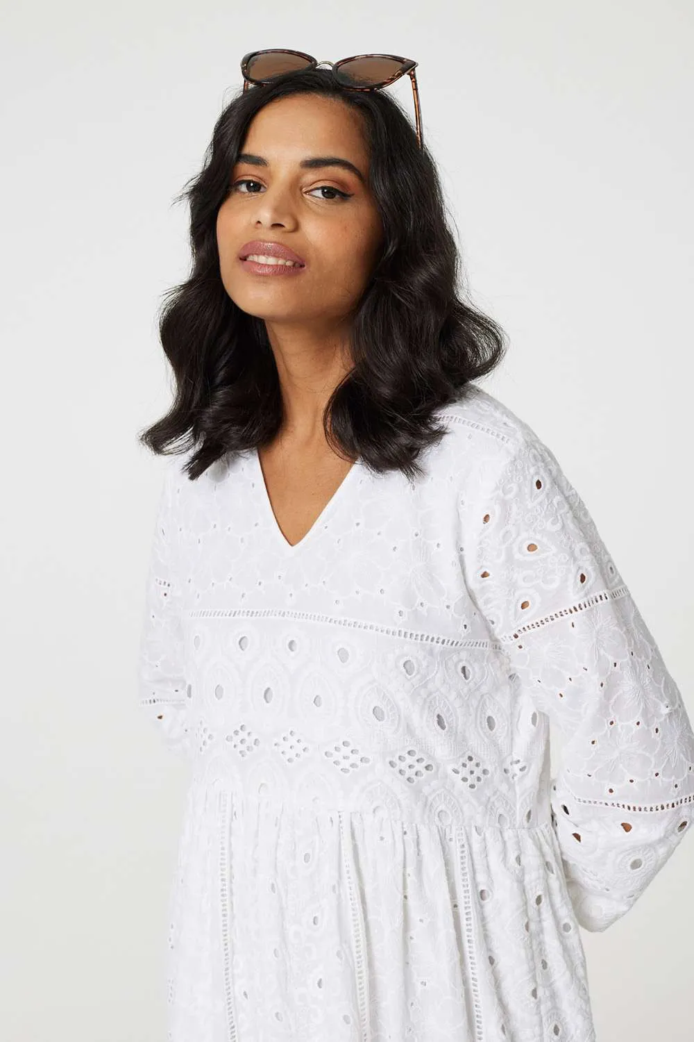 Broderie Anglaise 3/4 Sleeve Midi Dress