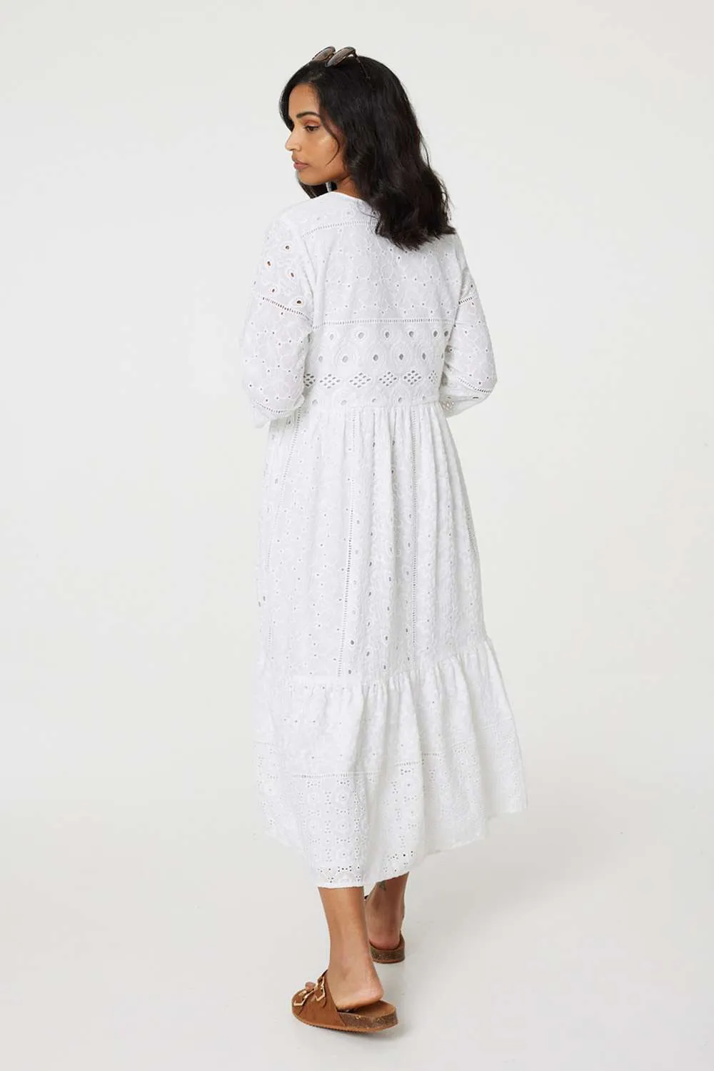 Broderie Anglaise 3/4 Sleeve Midi Dress