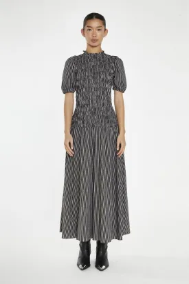 Brown-White Stripe Shirred Bodice Maxi-Dress