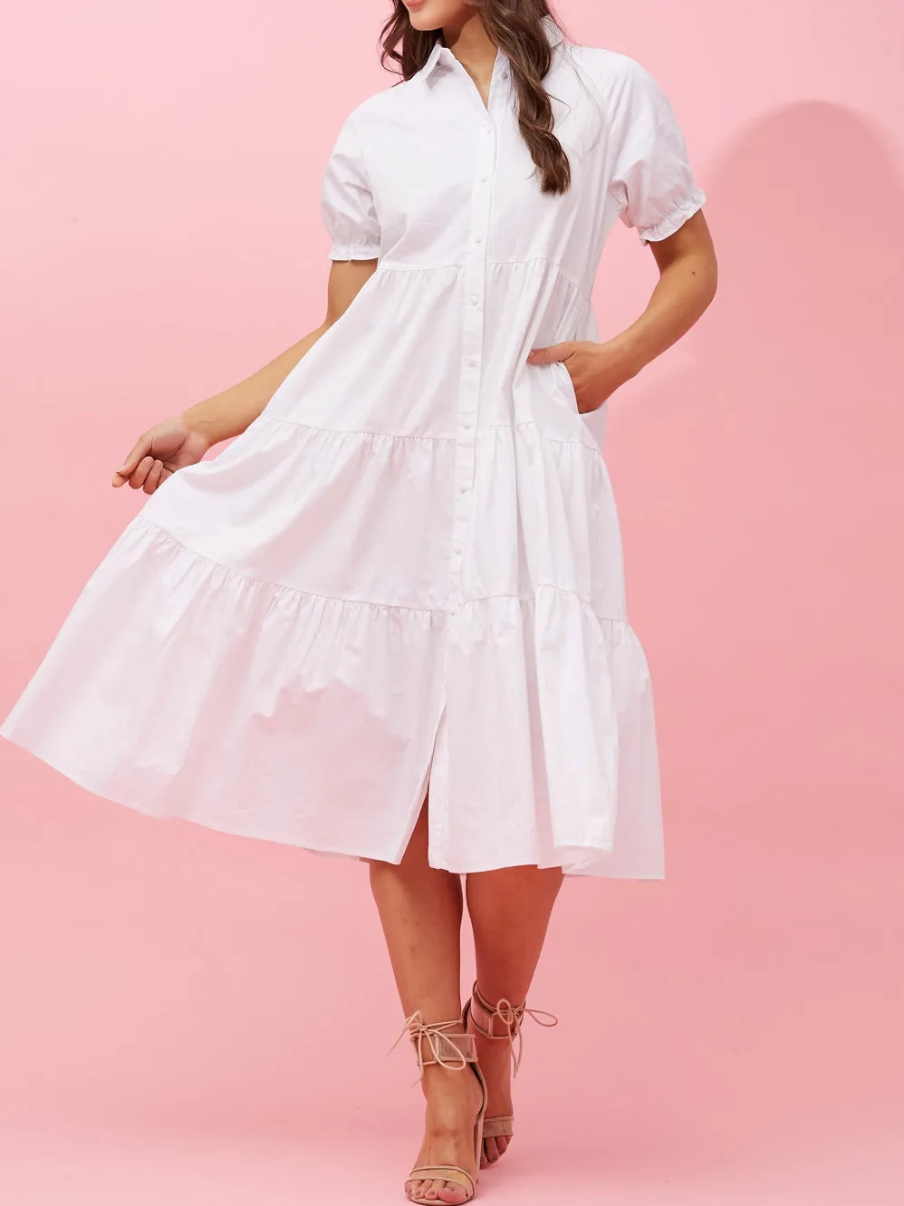 CAROLINE K MORGAN TIERED MIDI DRESS