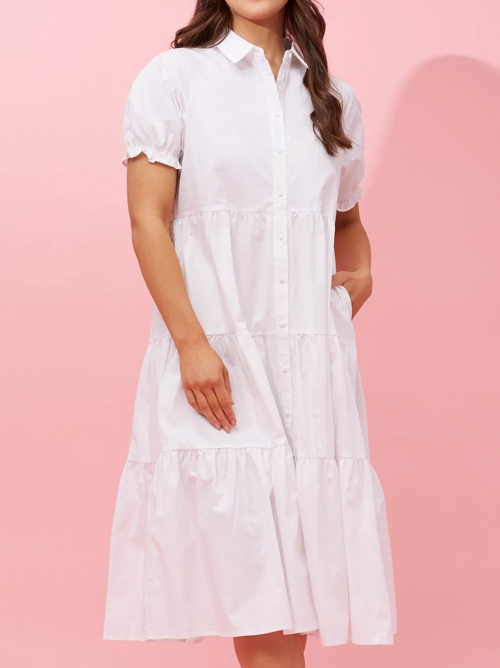 CAROLINE K MORGAN TIERED MIDI DRESS