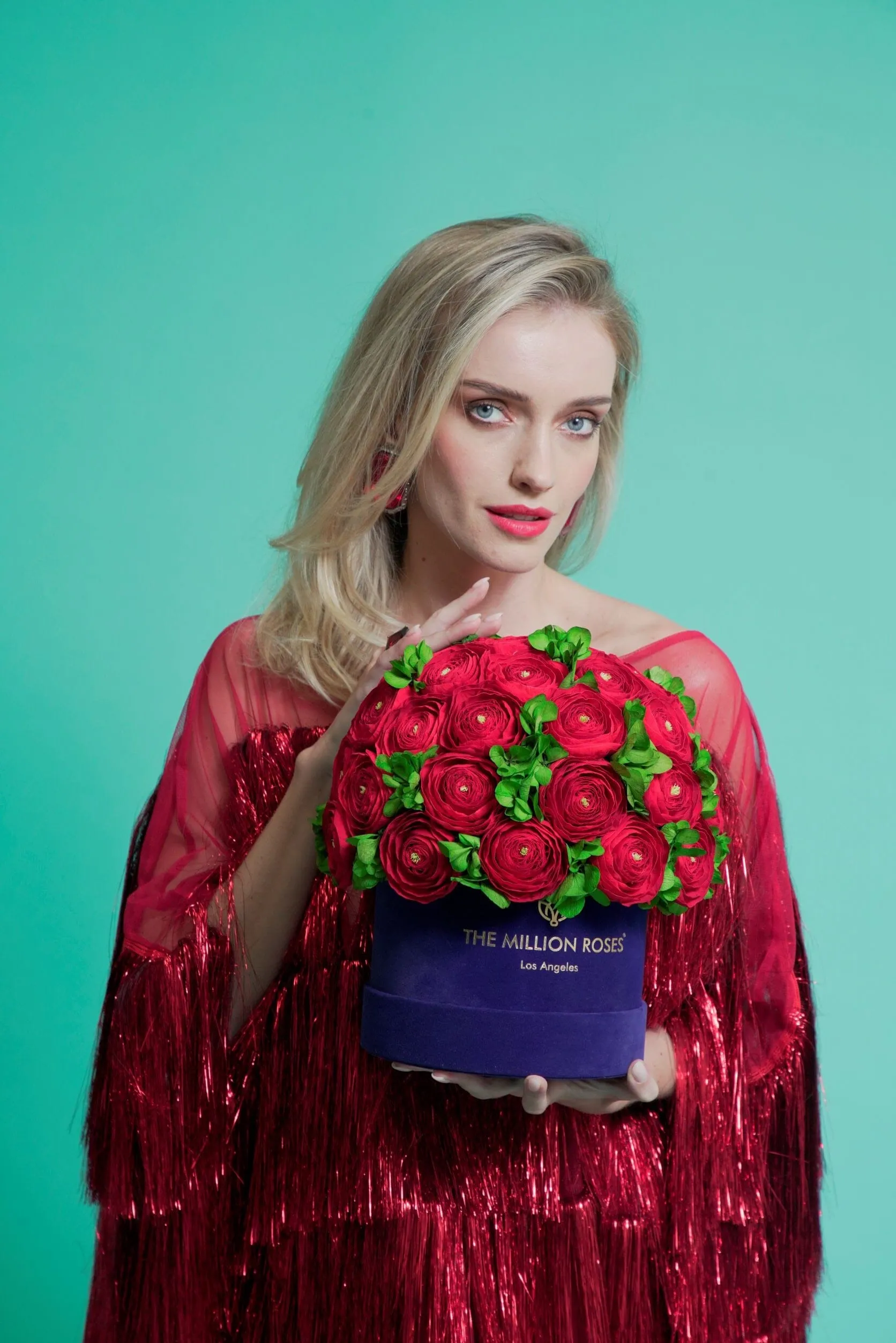 Classic Hot Pink Suede Box | Red Persian Buttercups & Green Hydrangeas