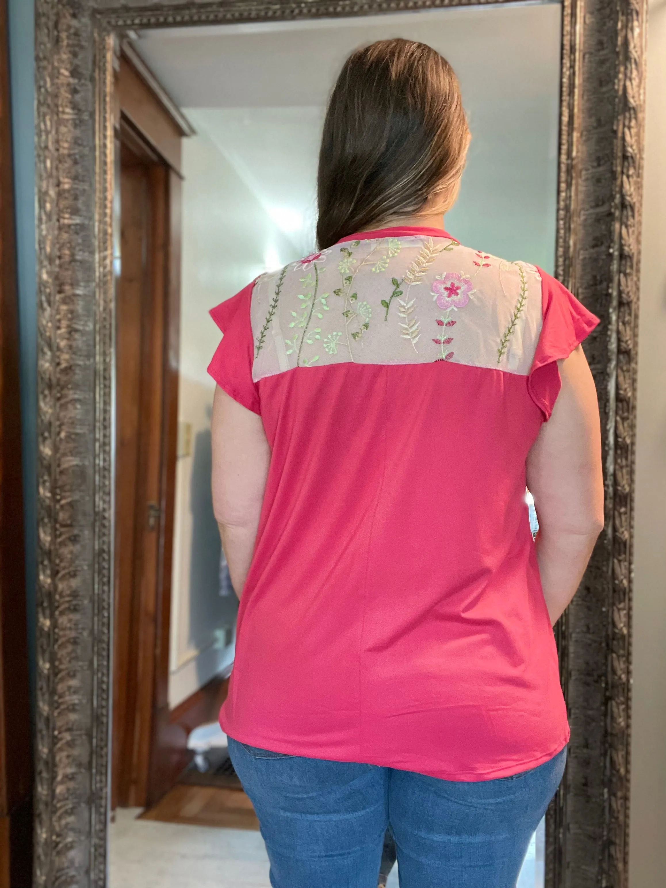 Coral Embroidered Floral Print Ruffle Sleeve Top