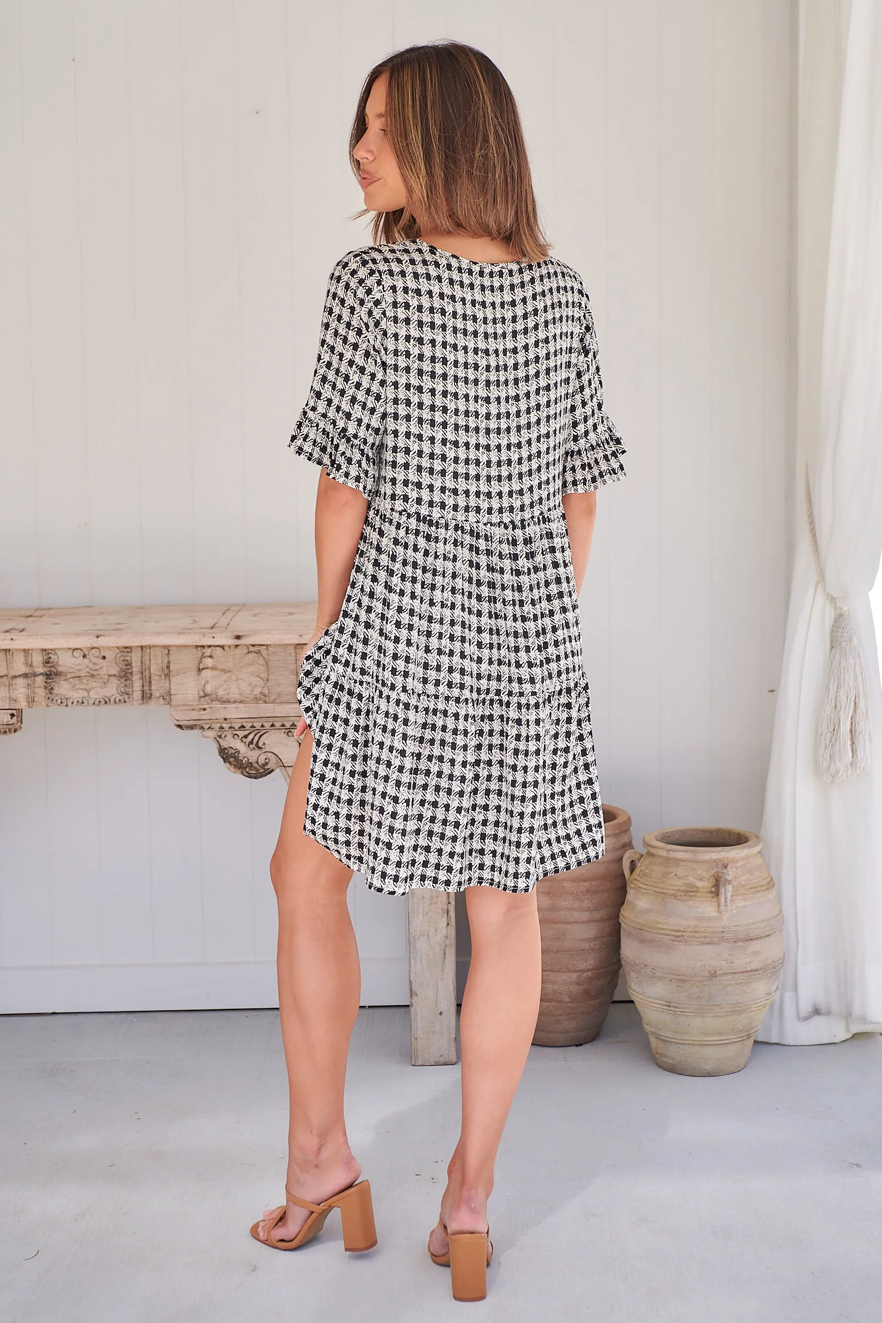 Corinne Tiered Black/White Print Dress