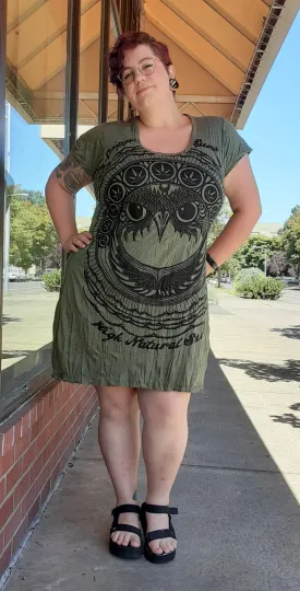 Cotton Tee Shirt Dress - Four Colors - Owl & Hemp Leaves!