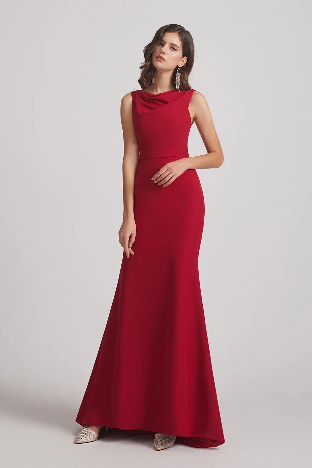 Cowl Sleeveless Sheath Long Red Bridesmaid Dresses (AF0014)