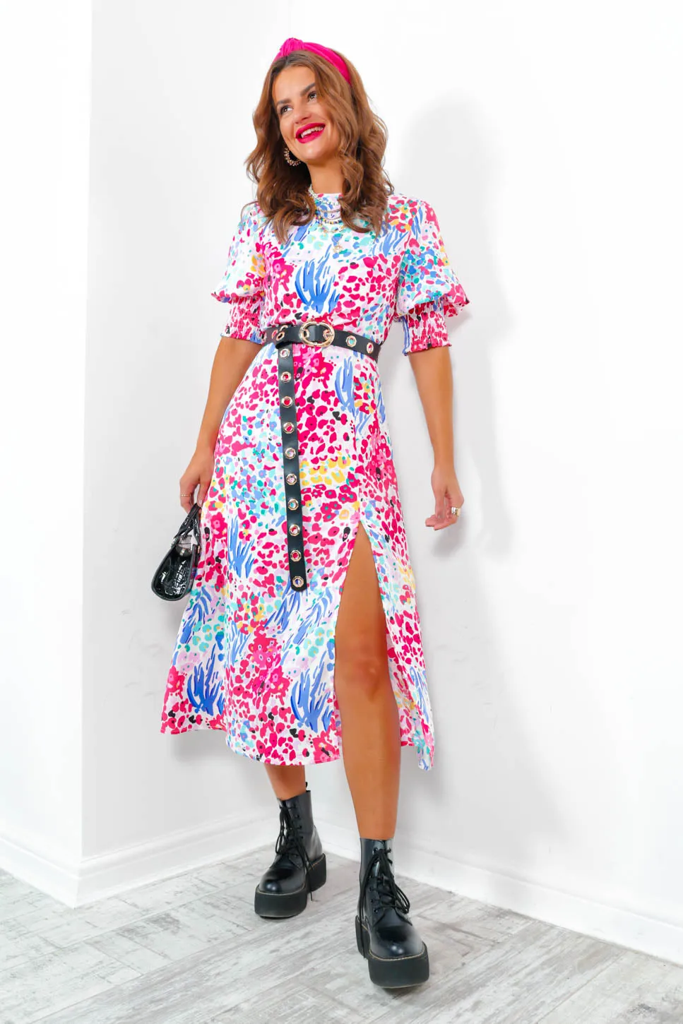 Cuff It Up - Pink Multi Floral Midi Dress