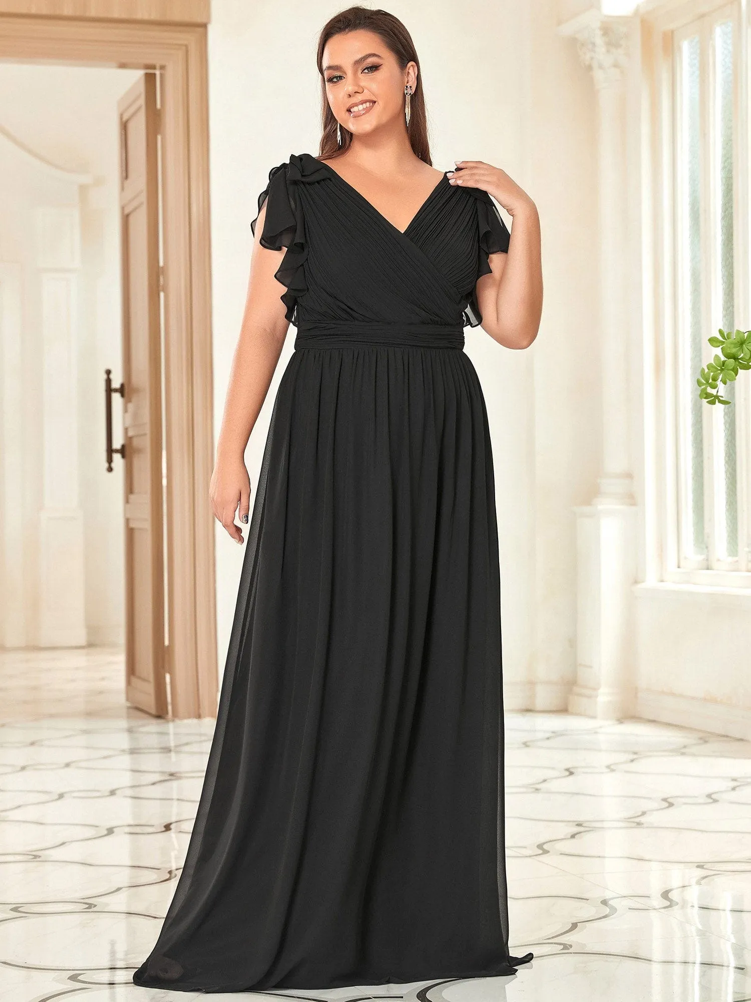 Custom Size Elegant Pleated Ruffles Sleeves Chiffon Evening Dress