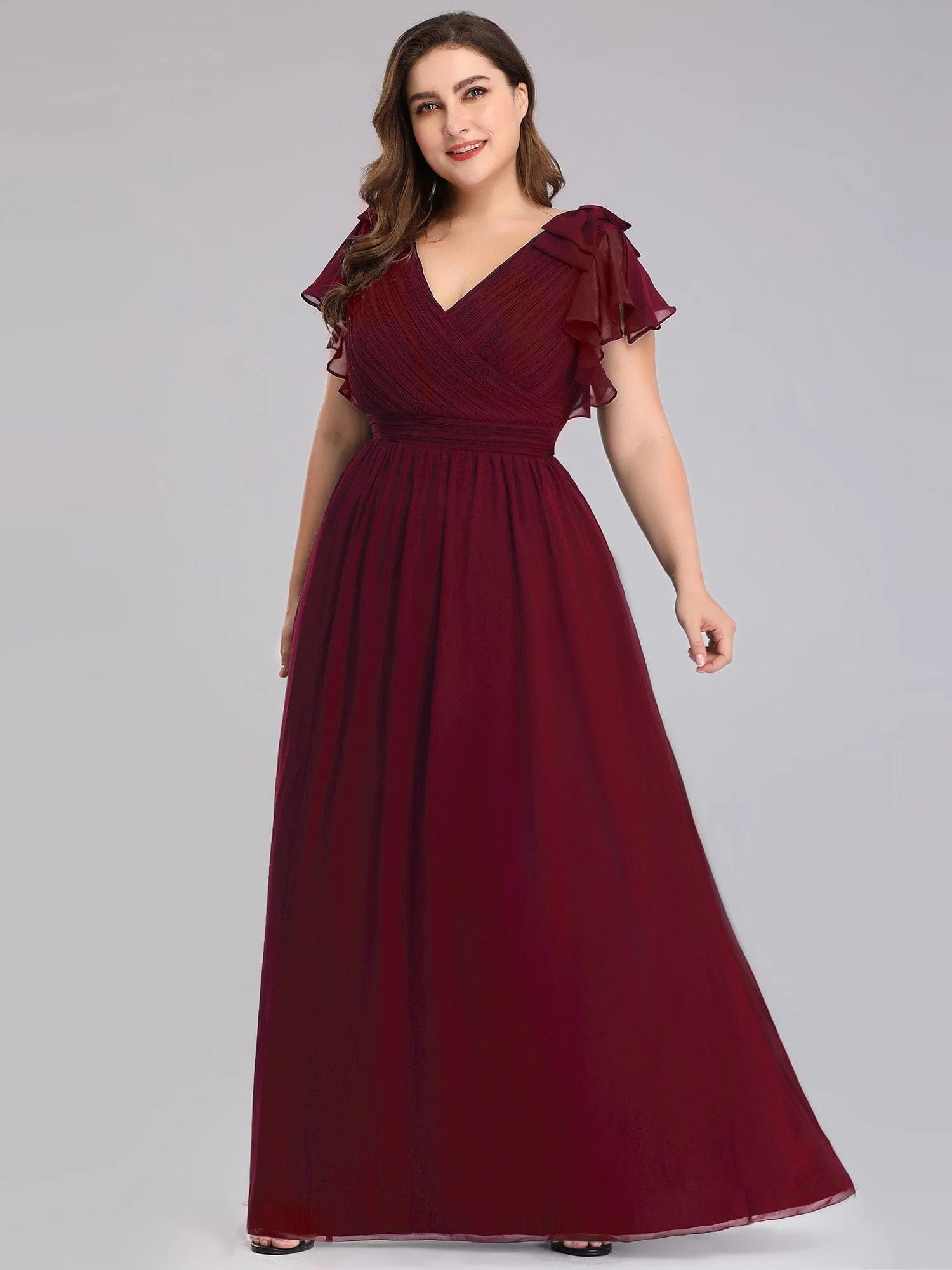 Custom Size Elegant Pleated Ruffles Sleeves Chiffon Evening Dress