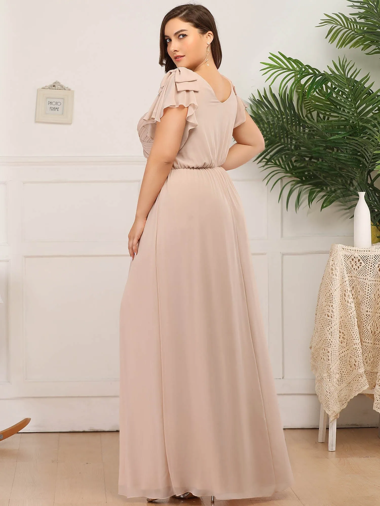 Custom Size Elegant Pleated Ruffles Sleeves Chiffon Evening Dress