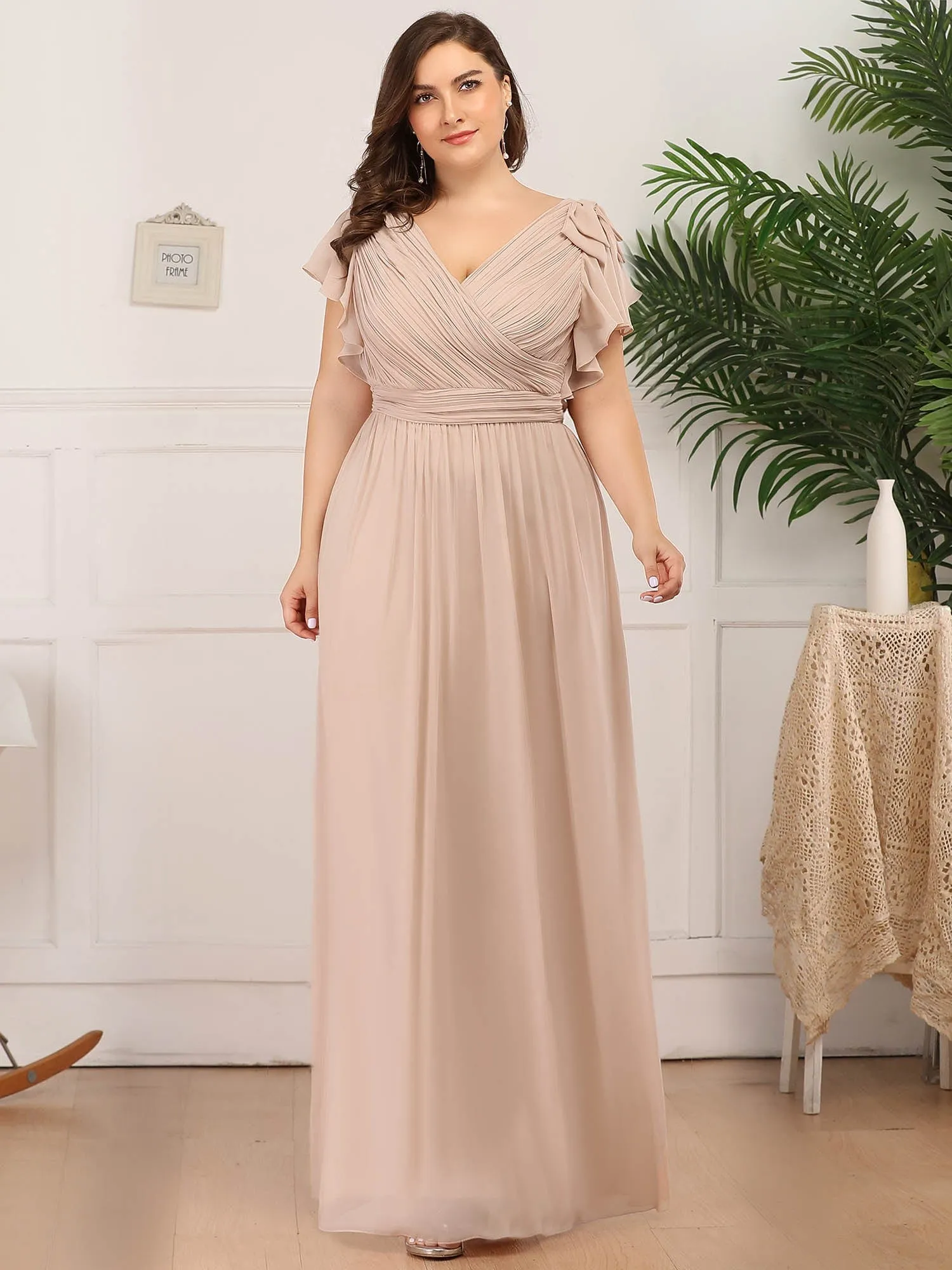 Custom Size Elegant Pleated Ruffles Sleeves Chiffon Evening Dress