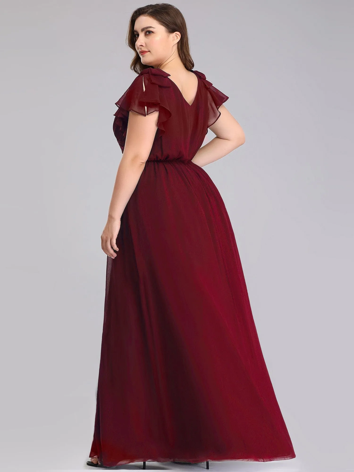 Custom Size Elegant Pleated Ruffles Sleeves Chiffon Evening Dress