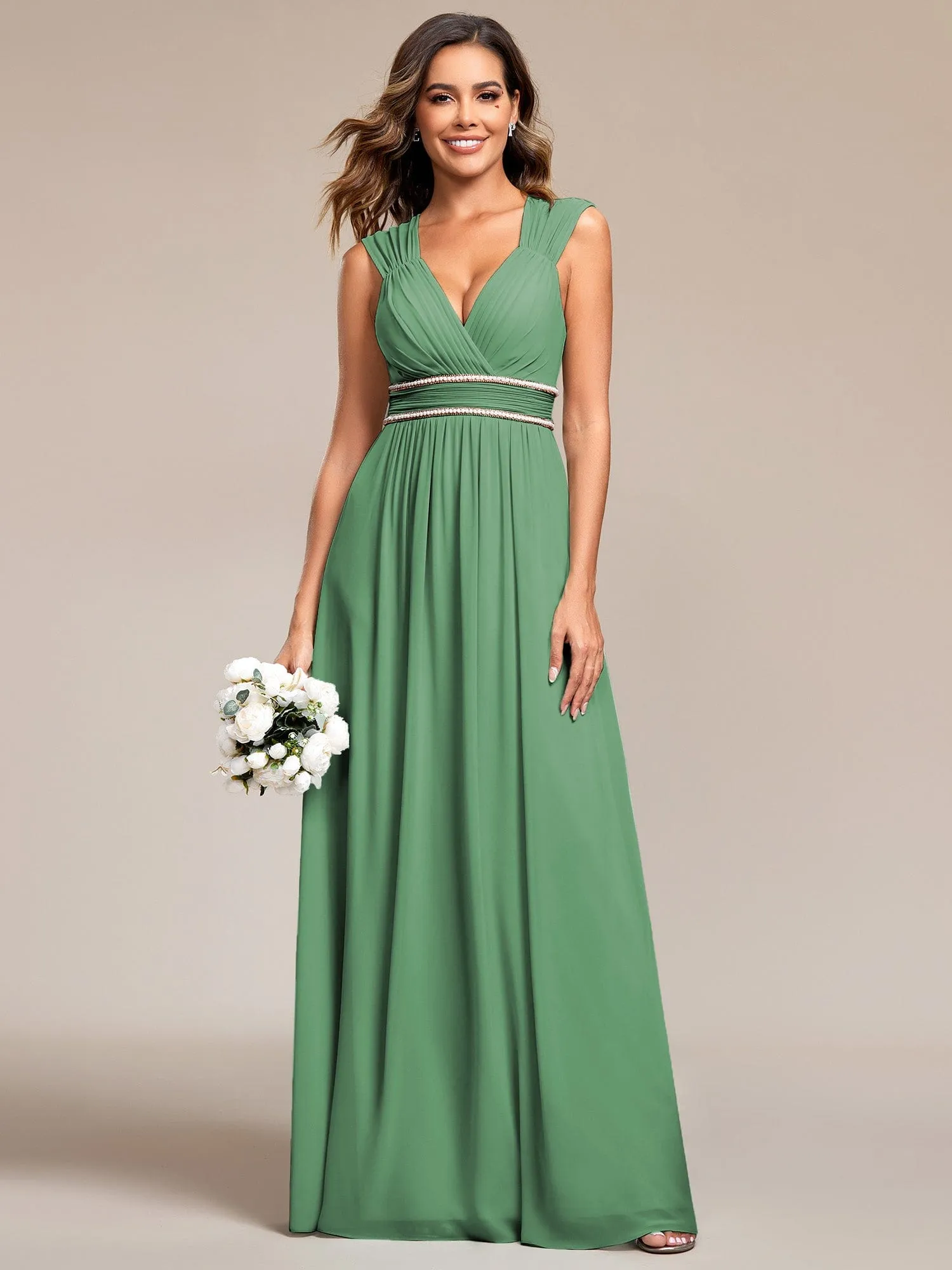 Custom Size V-Neck Sleeveless Beaded Belt Chiffon A-Line Evening Dress