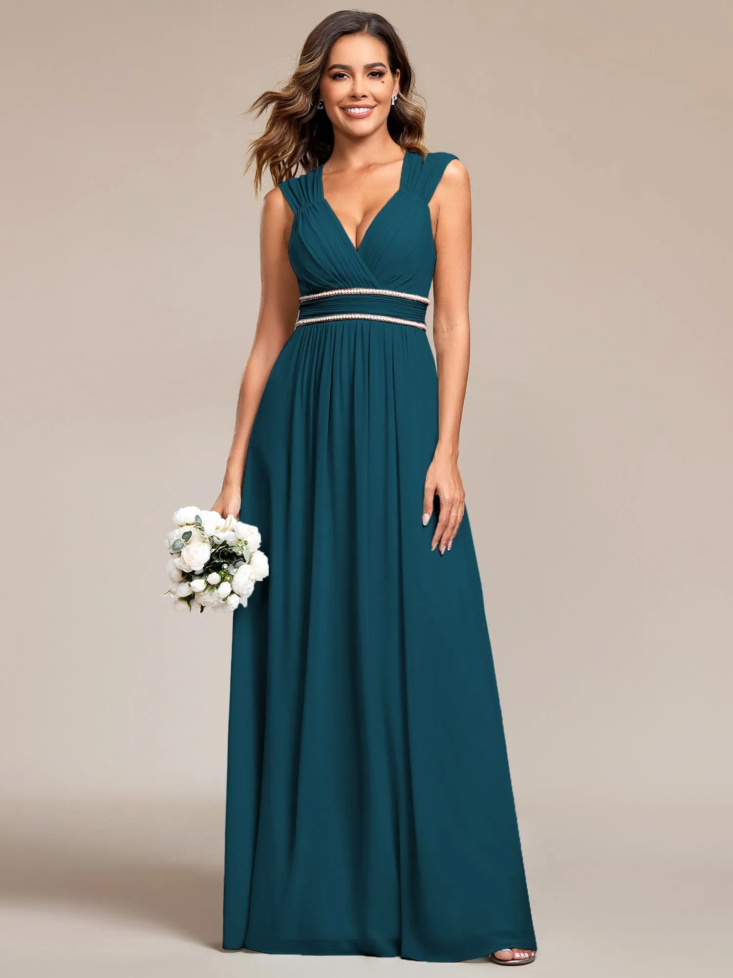 Custom Size V-Neck Sleeveless Beaded Belt Chiffon A-Line Evening Dress