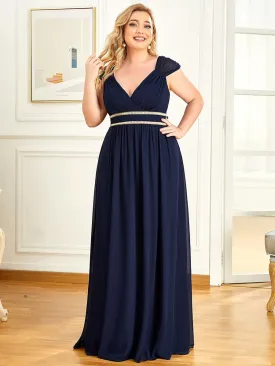 Custom Size V-Neck Sleeveless Beaded Belt Chiffon A-Line Evening Dress