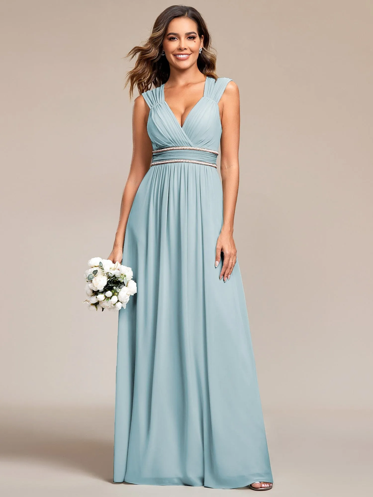 Custom Size V-Neck Sleeveless Beaded Belt Chiffon A-Line Evening Dress