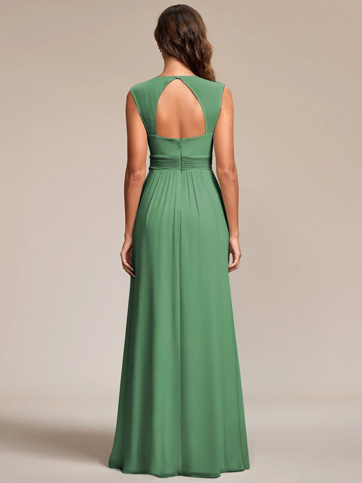 Custom Size V-Neck Sleeveless Beaded Belt Chiffon A-Line Evening Dress