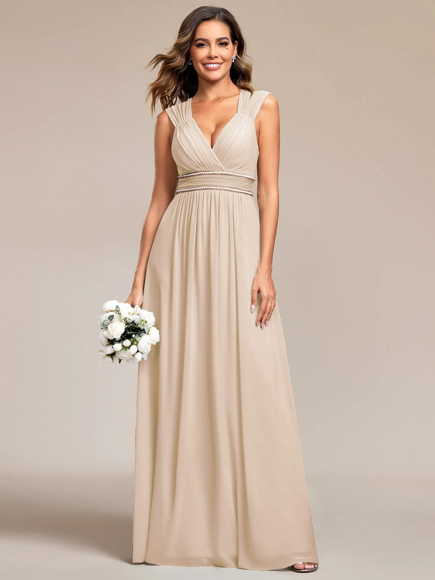 Custom Size V-Neck Sleeveless Beaded Belt Chiffon A-Line Evening Dress