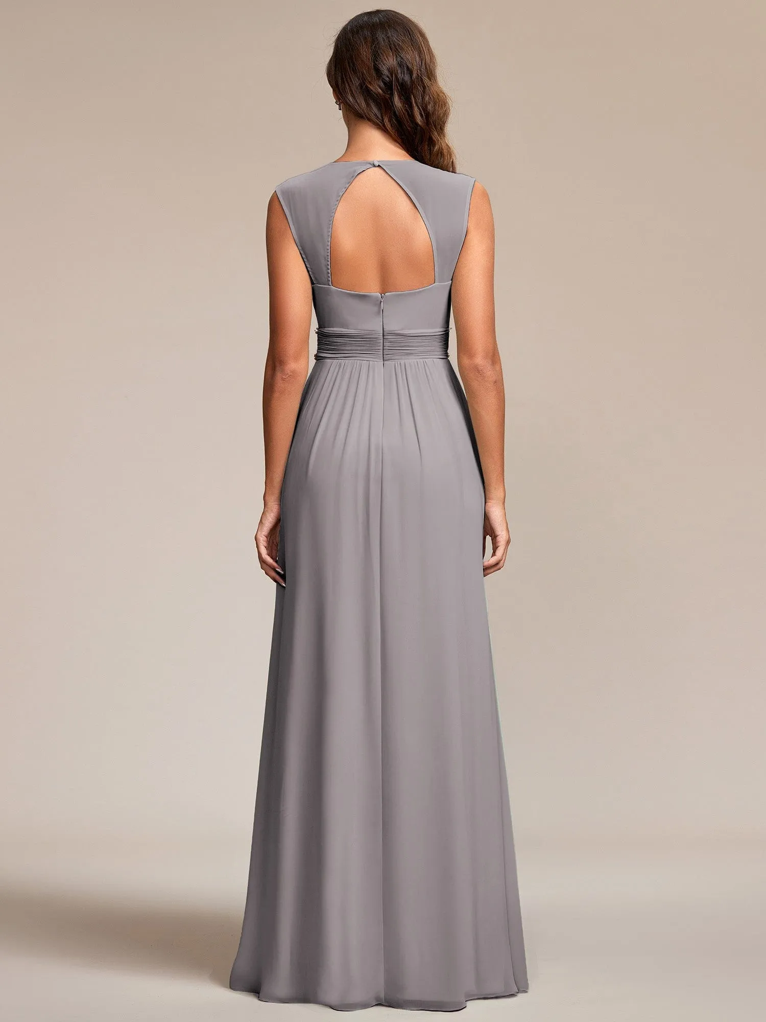 Custom Size V-Neck Sleeveless Beaded Belt Chiffon A-Line Evening Dress