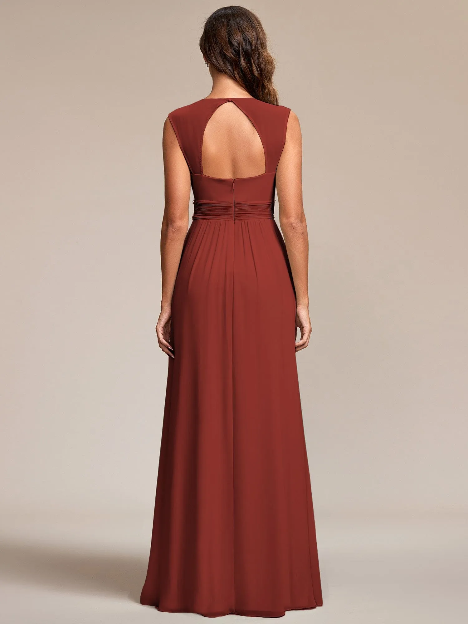 Custom Size V-Neck Sleeveless Beaded Belt Chiffon A-Line Evening Dress