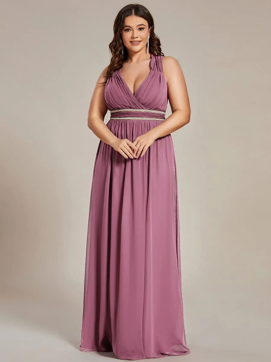 Custom Size V-Neck Sleeveless Beaded Belt Chiffon A-Line Evening Dress