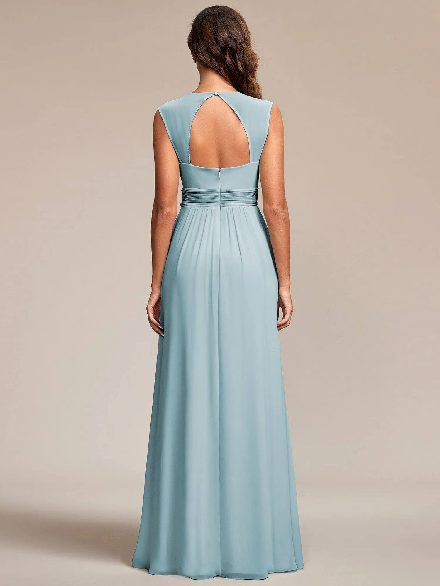 Custom Size V-Neck Sleeveless Beaded Belt Chiffon A-Line Evening Dress