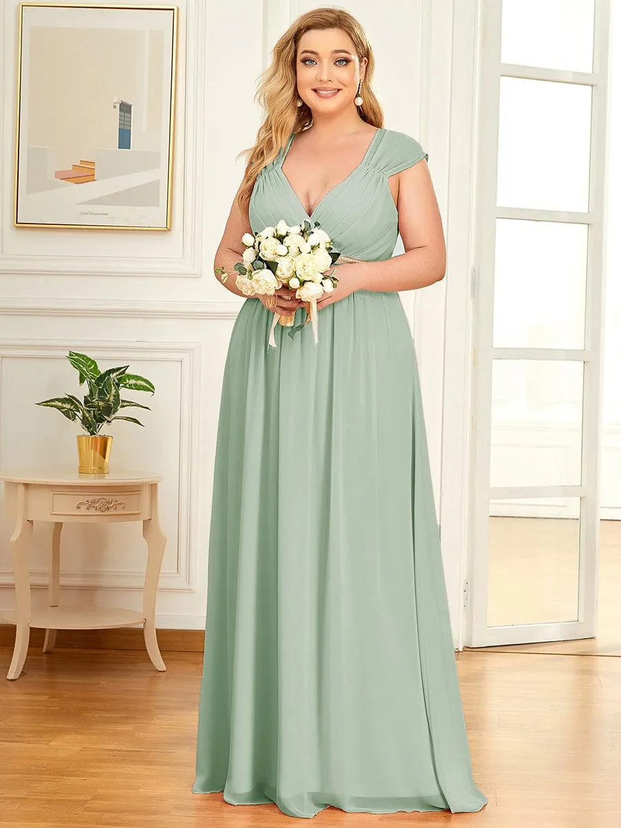 Custom Size V-Neck Sleeveless Beaded Belt Chiffon A-Line Evening Dress