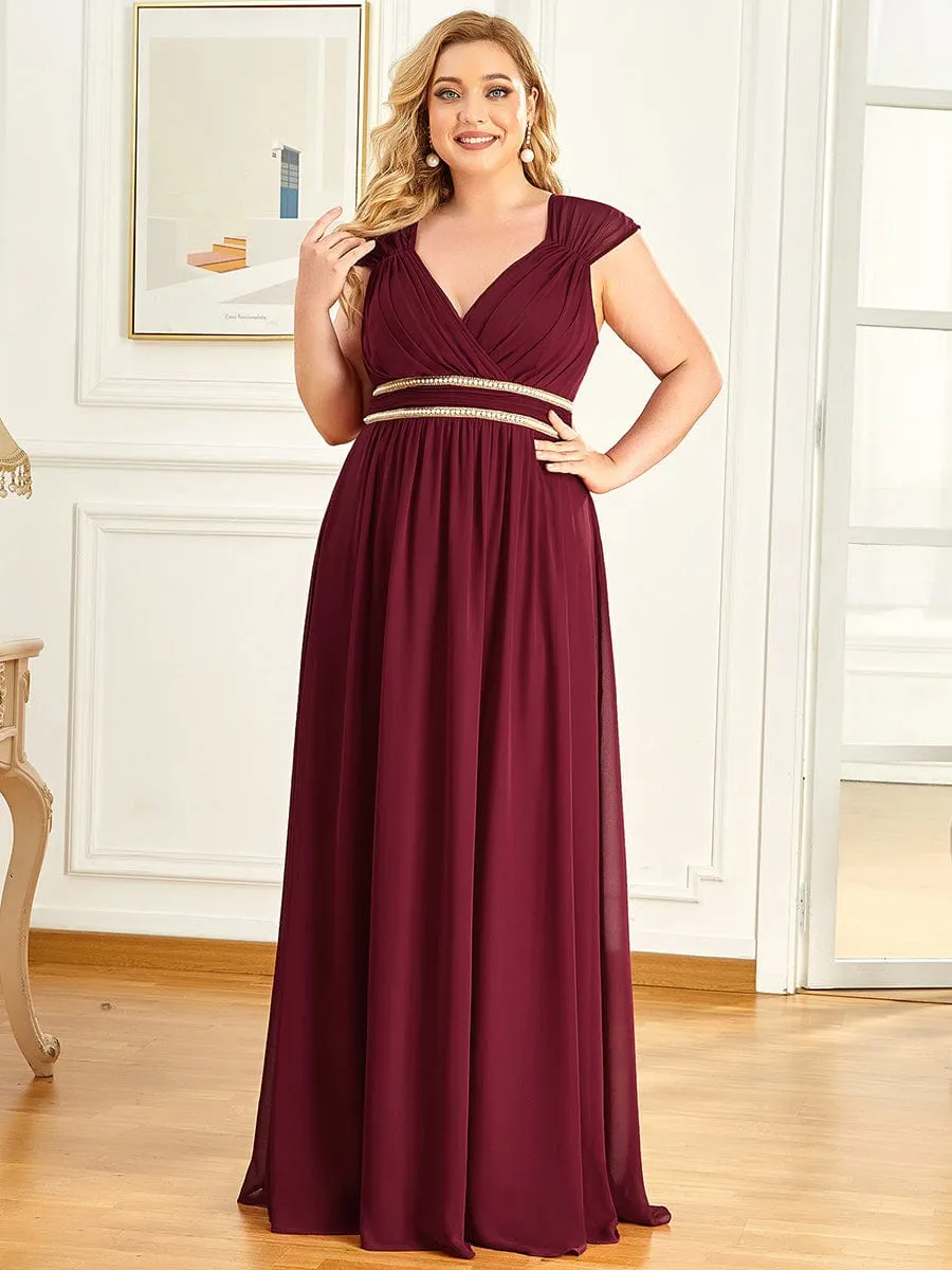 Custom Size V-Neck Sleeveless Beaded Belt Chiffon A-Line Evening Dress