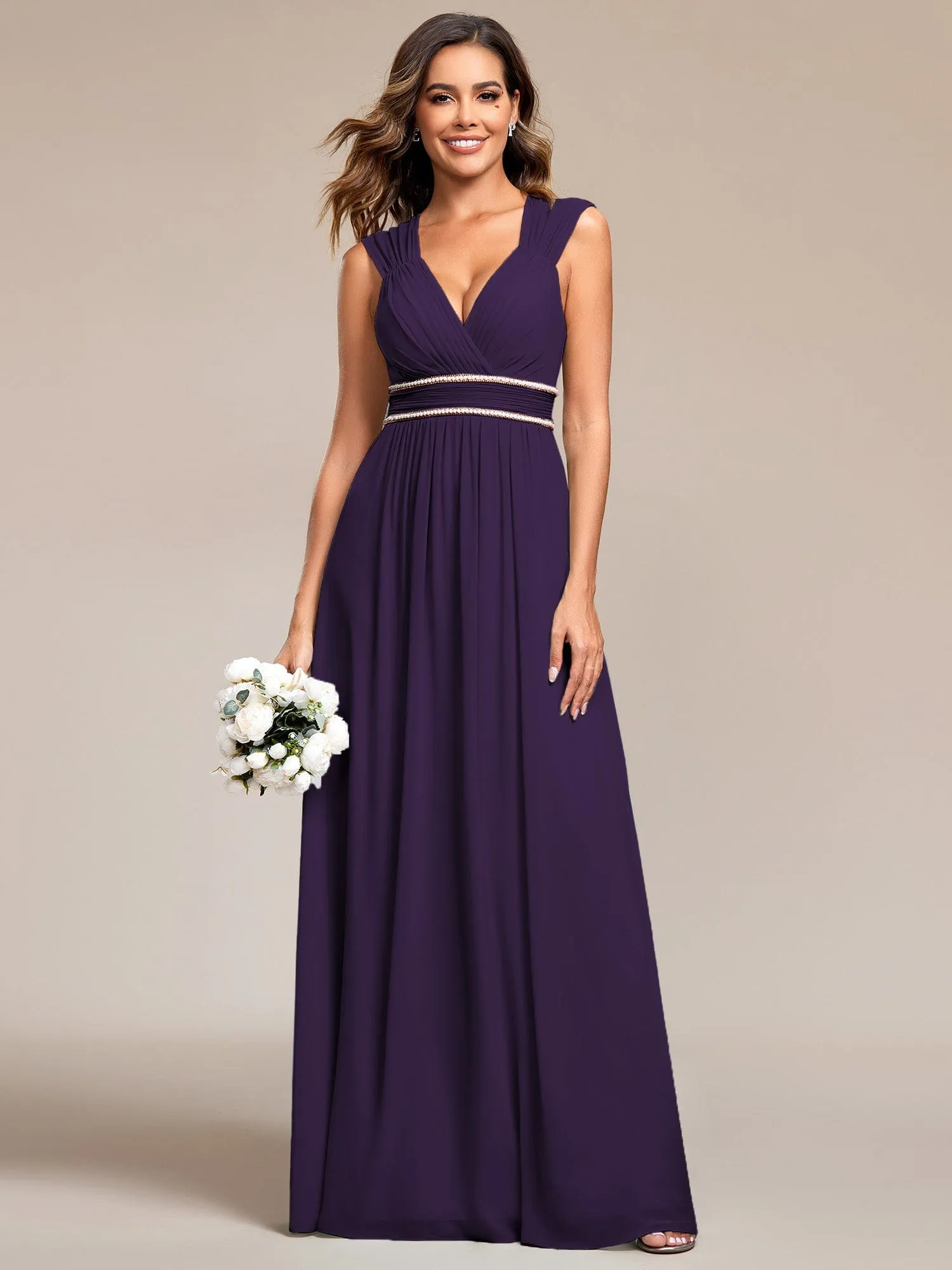 Custom Size V-Neck Sleeveless Beaded Belt Chiffon A-Line Evening Dress