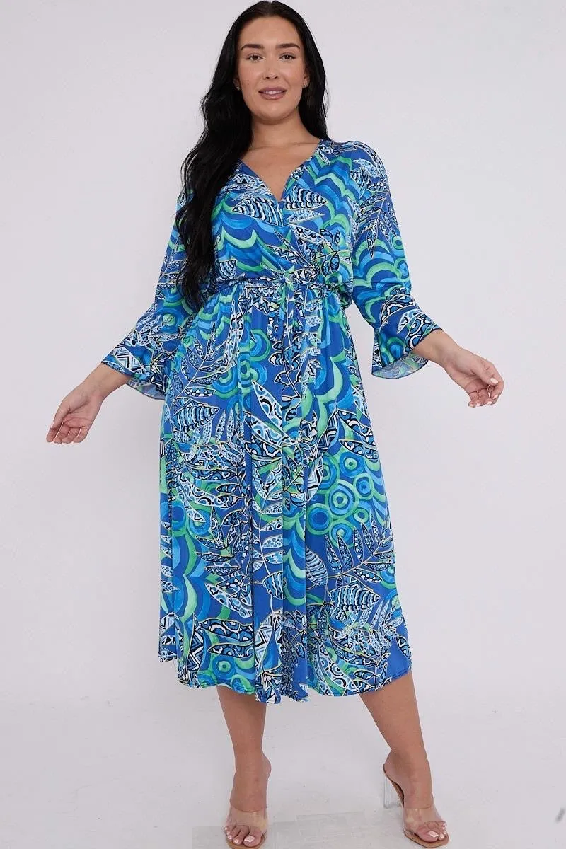 Dani Faux Wrap Dress in Blue Leaf Print