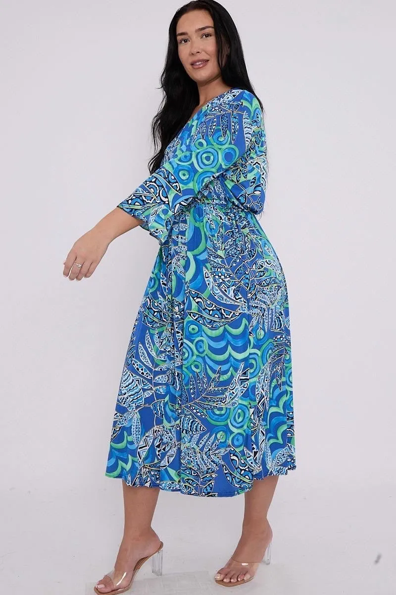 Dani Faux Wrap Dress in Blue Leaf Print