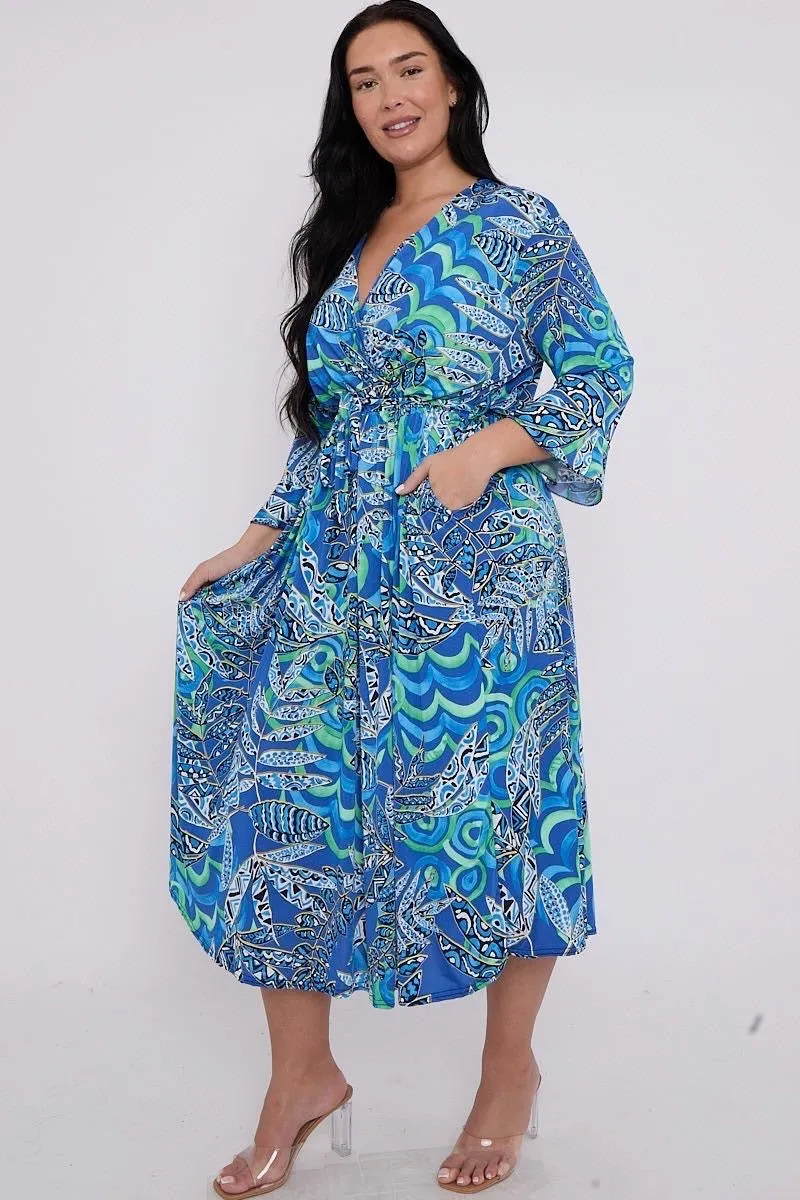 Dani Faux Wrap Dress in Blue Leaf Print