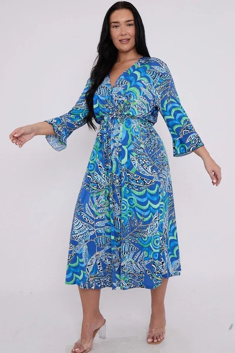 Dani Faux Wrap Dress in Blue Leaf Print