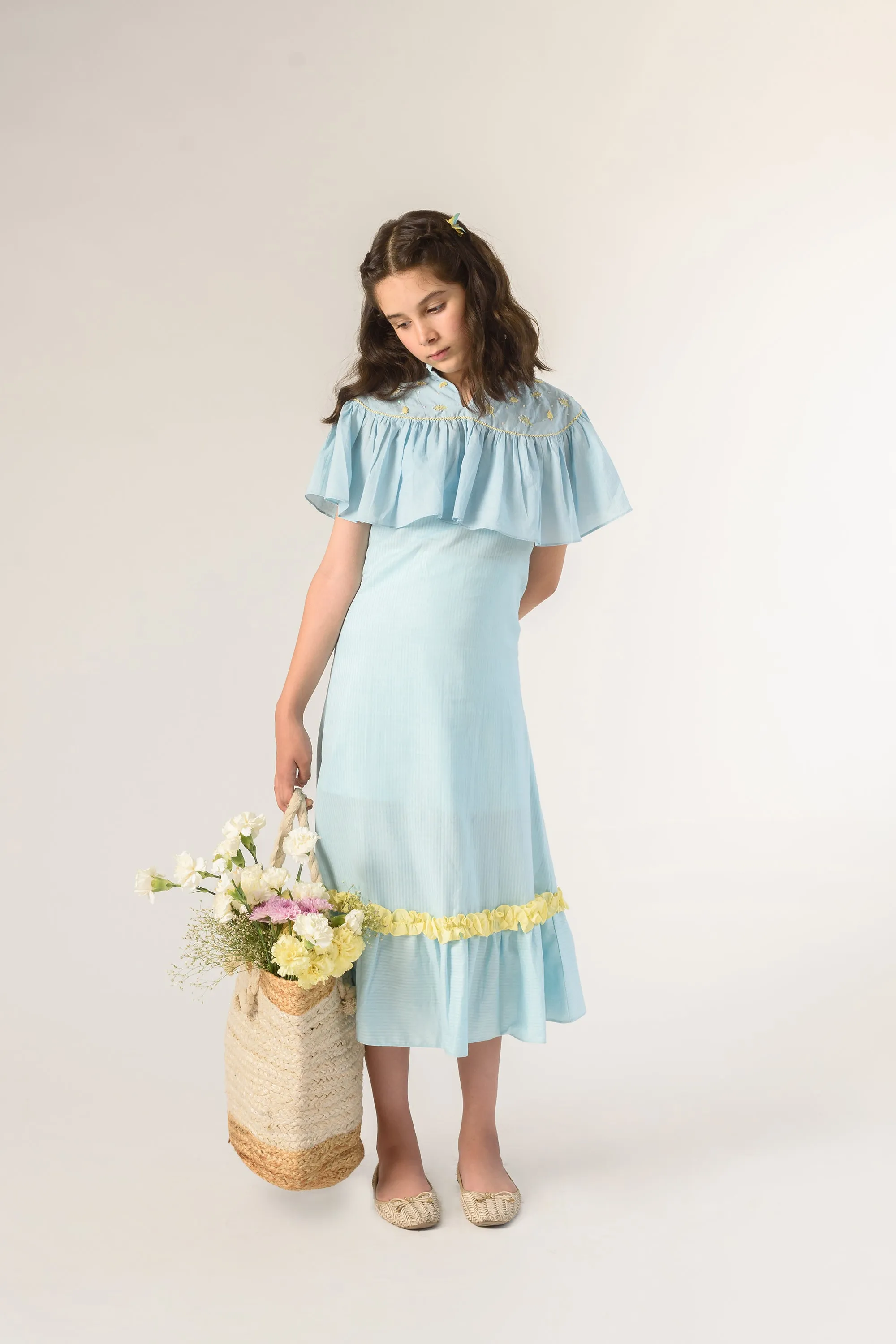 Days of tranquil- Organic Cotton Slip Dress With Embroidered Cape For Girls