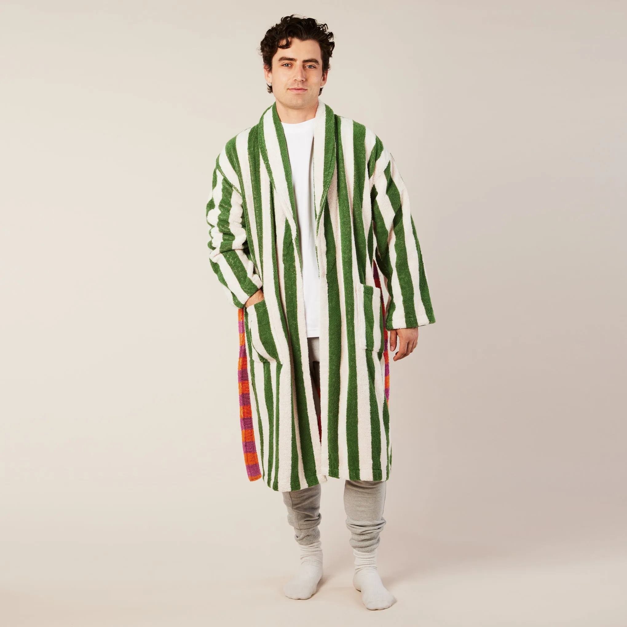 Green and White Striped Dusen Dusen Bathrobe