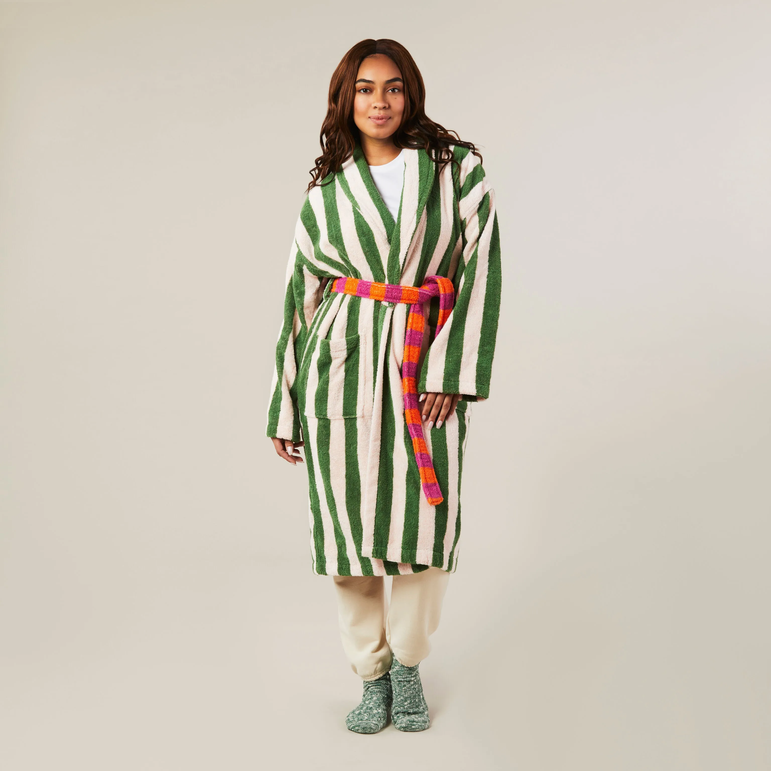 Green and White Striped Dusen Dusen Bathrobe