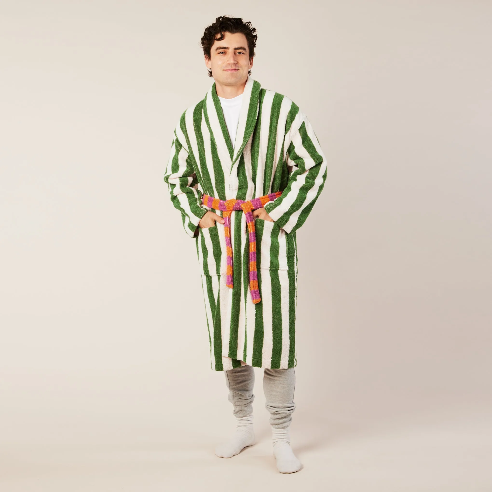 Green and White Striped Dusen Dusen Bathrobe