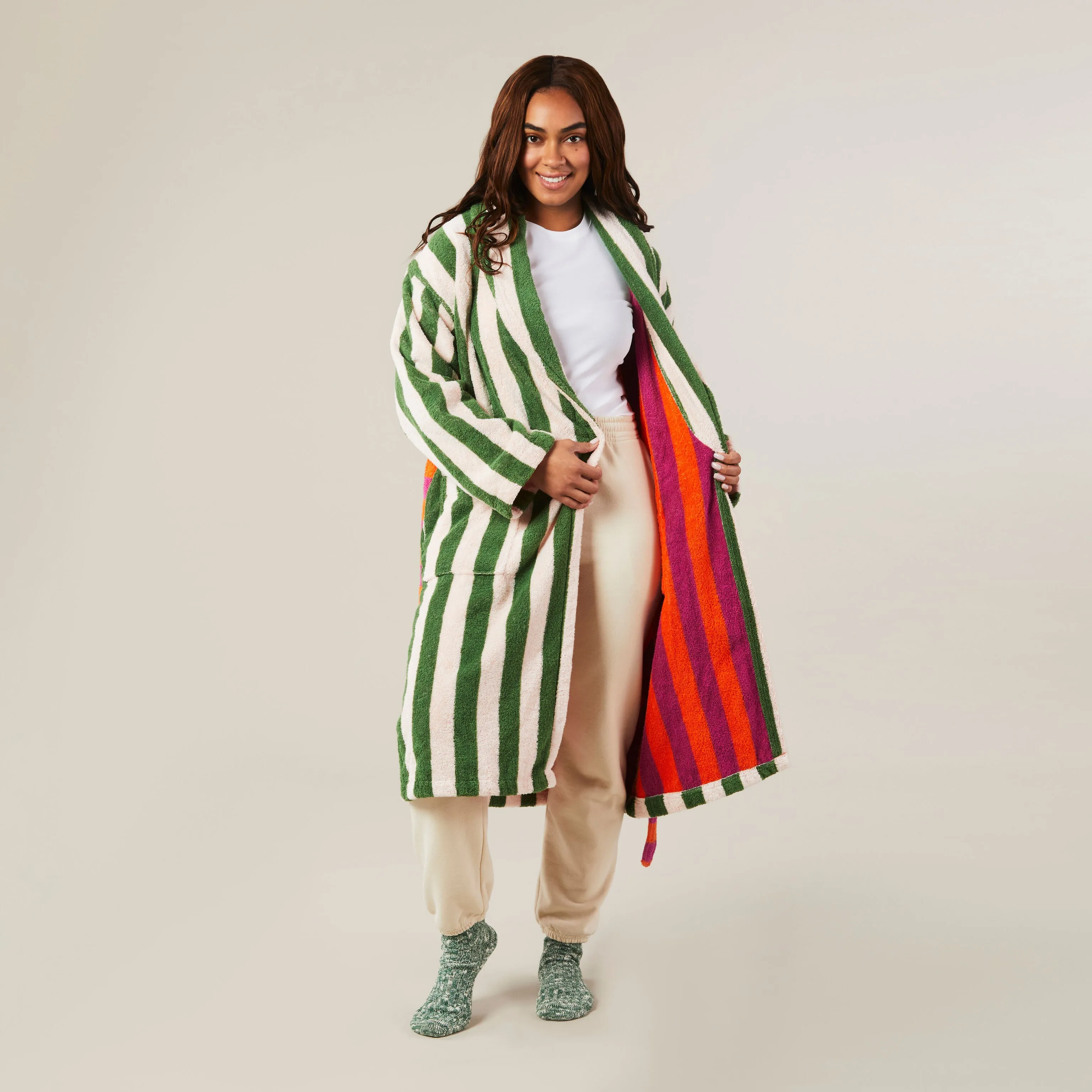 Green and White Striped Dusen Dusen Bathrobe